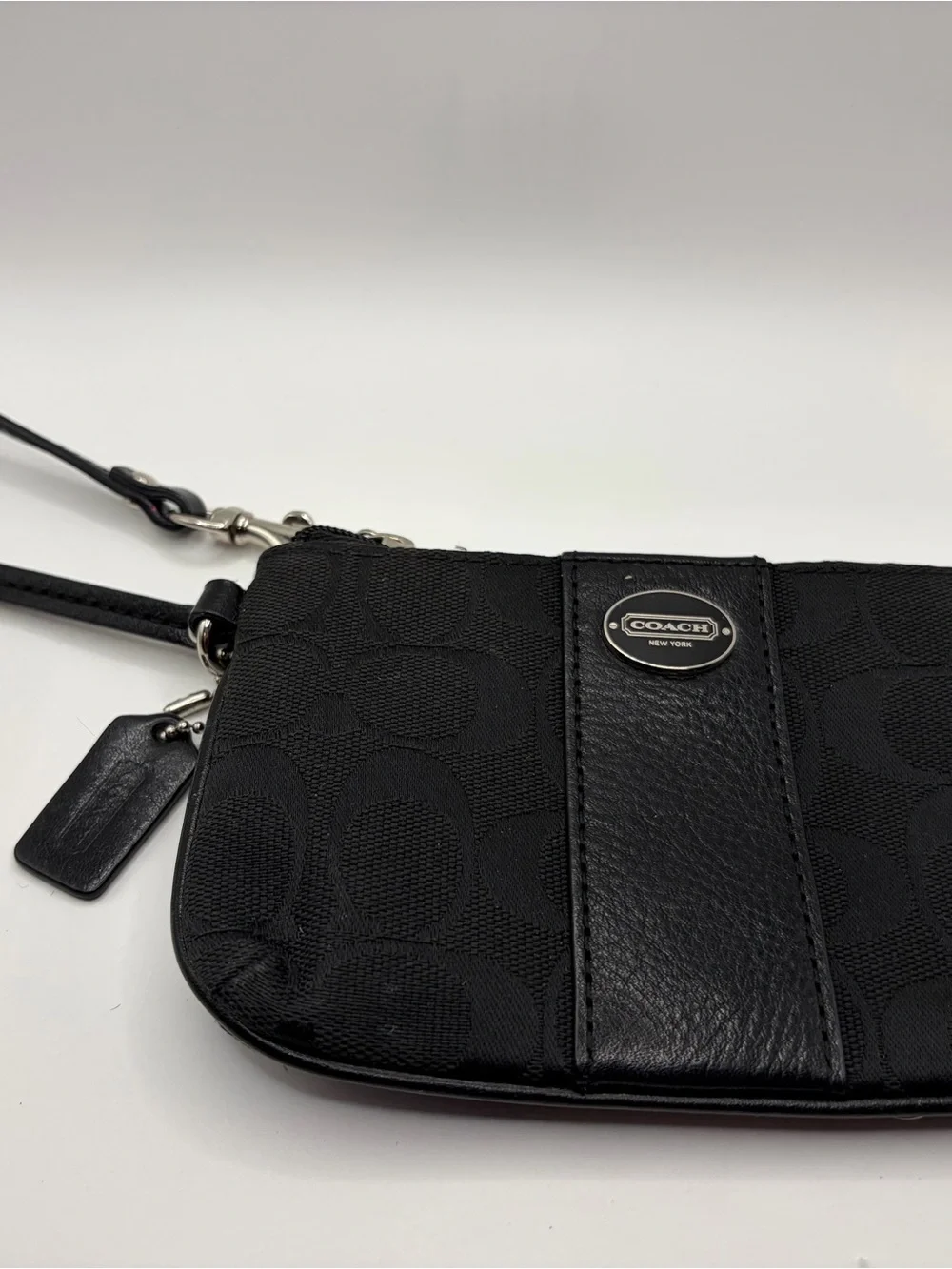 Coach Black Signature Canvas Wristlet with Leather Trim